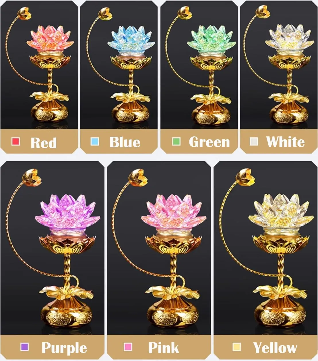 1 Pair - Colorful LED Crystal Lotus Buddhist Lamp, Gradient Buddha Light for Worship, Prayer and Display-Friendly Material for Buddha Occasions, Buddhist Supplies - 8 inch