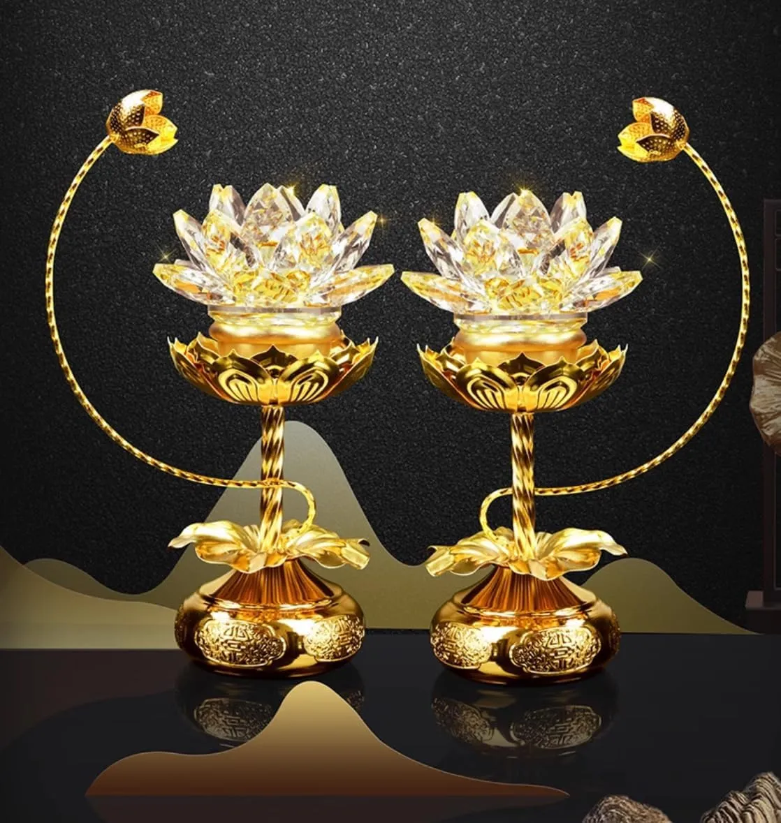 1 Pair - Colorful LED Crystal Lotus Buddhist Lamp, Gradient Buddha Light for Worship, Prayer and Display-Friendly Material for Buddha Occasions, Buddhist Supplies - 8 inch
