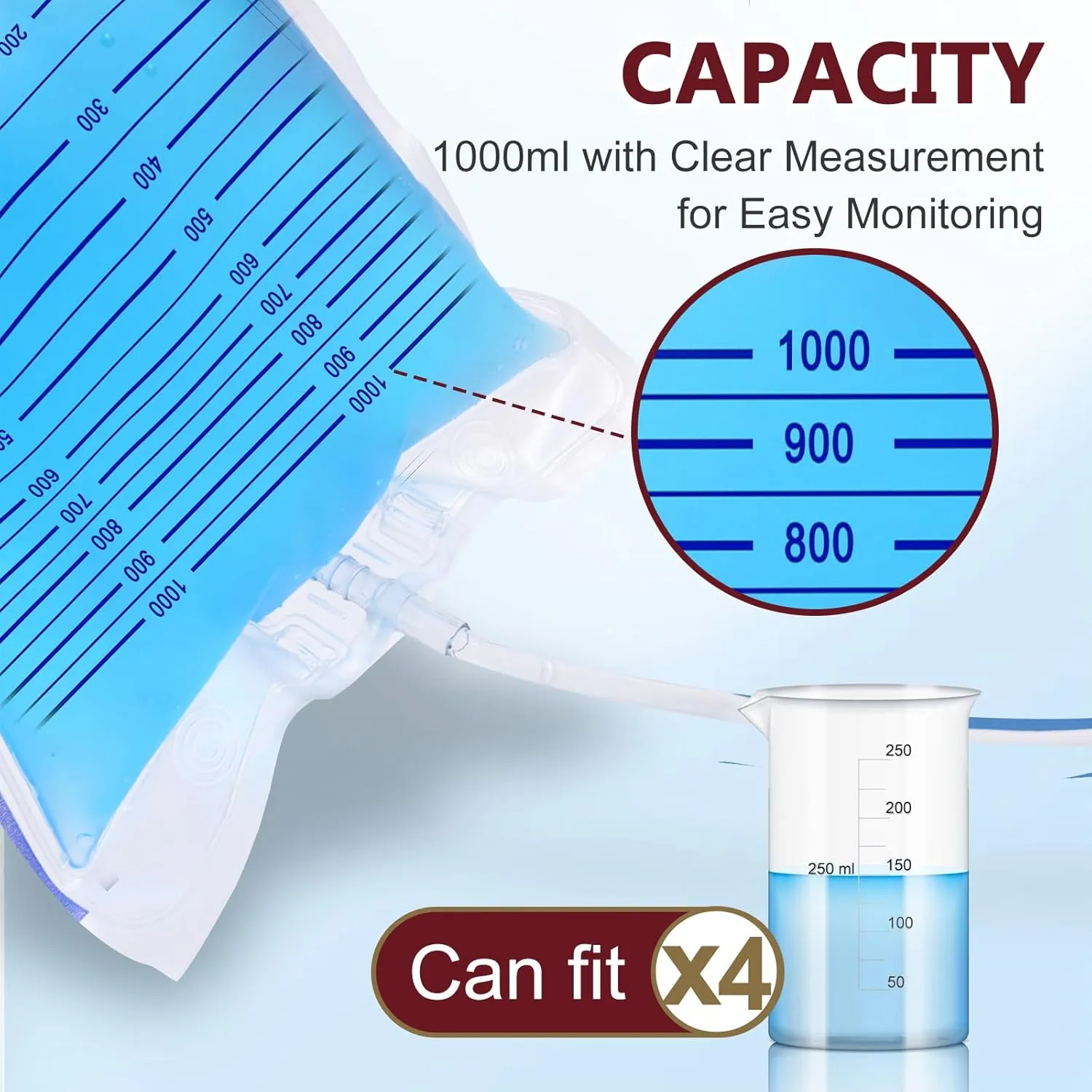 10 Pack 1000ml Urine Collection Bag with 48" Flexible Tube, Non-Backflow Design, Cross-Shaped Drainage Valve, Spill-Resistant Urine Collection Bag