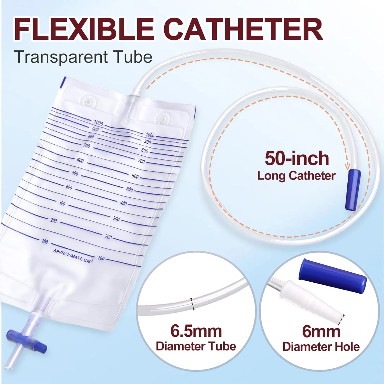 10 Pack 1000ml Urine Collection Bag with 48" Flexible Tube, Non-Backflow Design, Cross-Shaped Drainage Valve, Spill-Resistant Urine Collection Bag