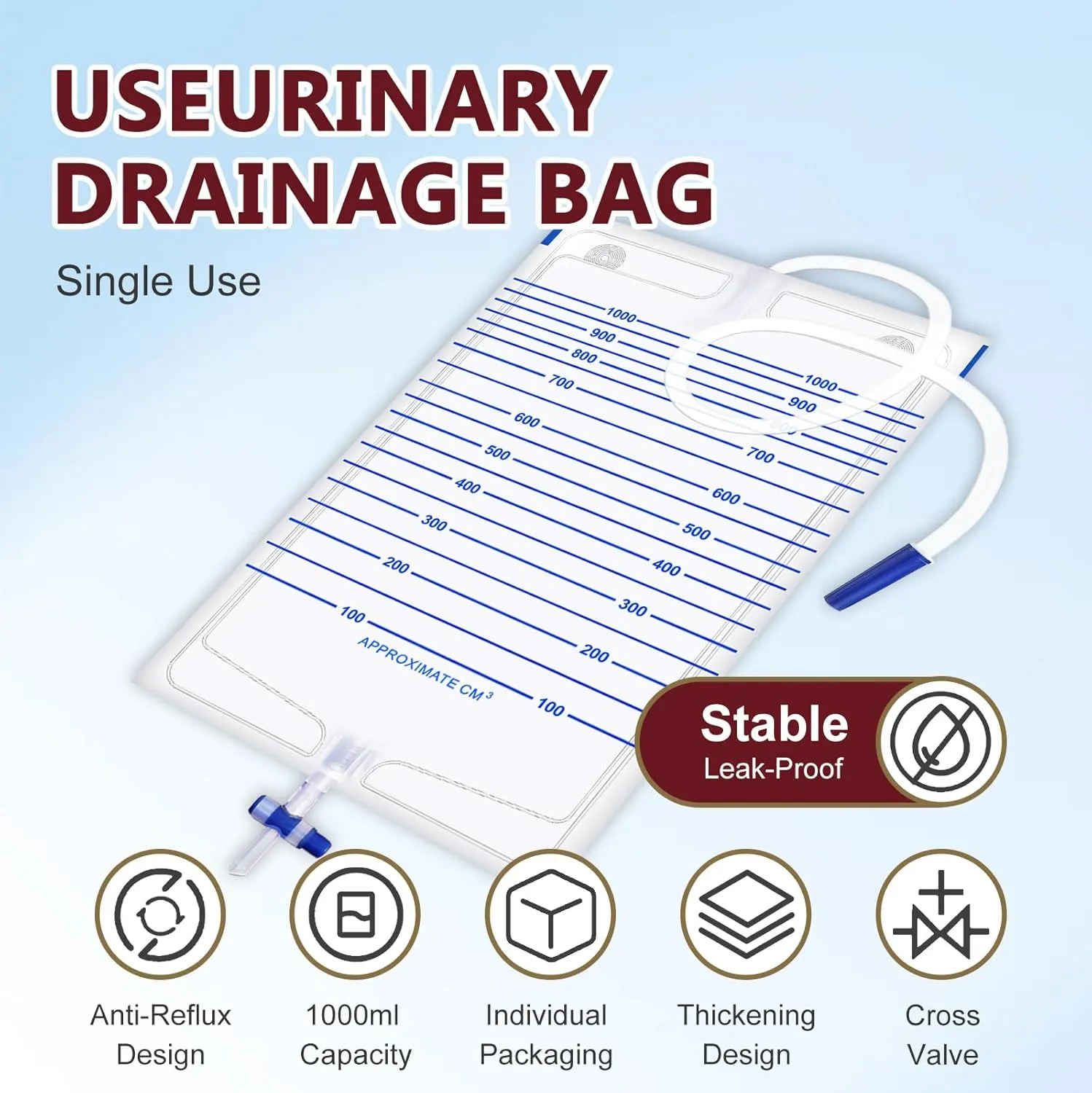 10 Pack 1000ml Urine Collection Bag with 48" Flexible Tube, Non-Backflow Design, Cross-Shaped Drainage Valve, Spill-Resistant Urine Collection Bag