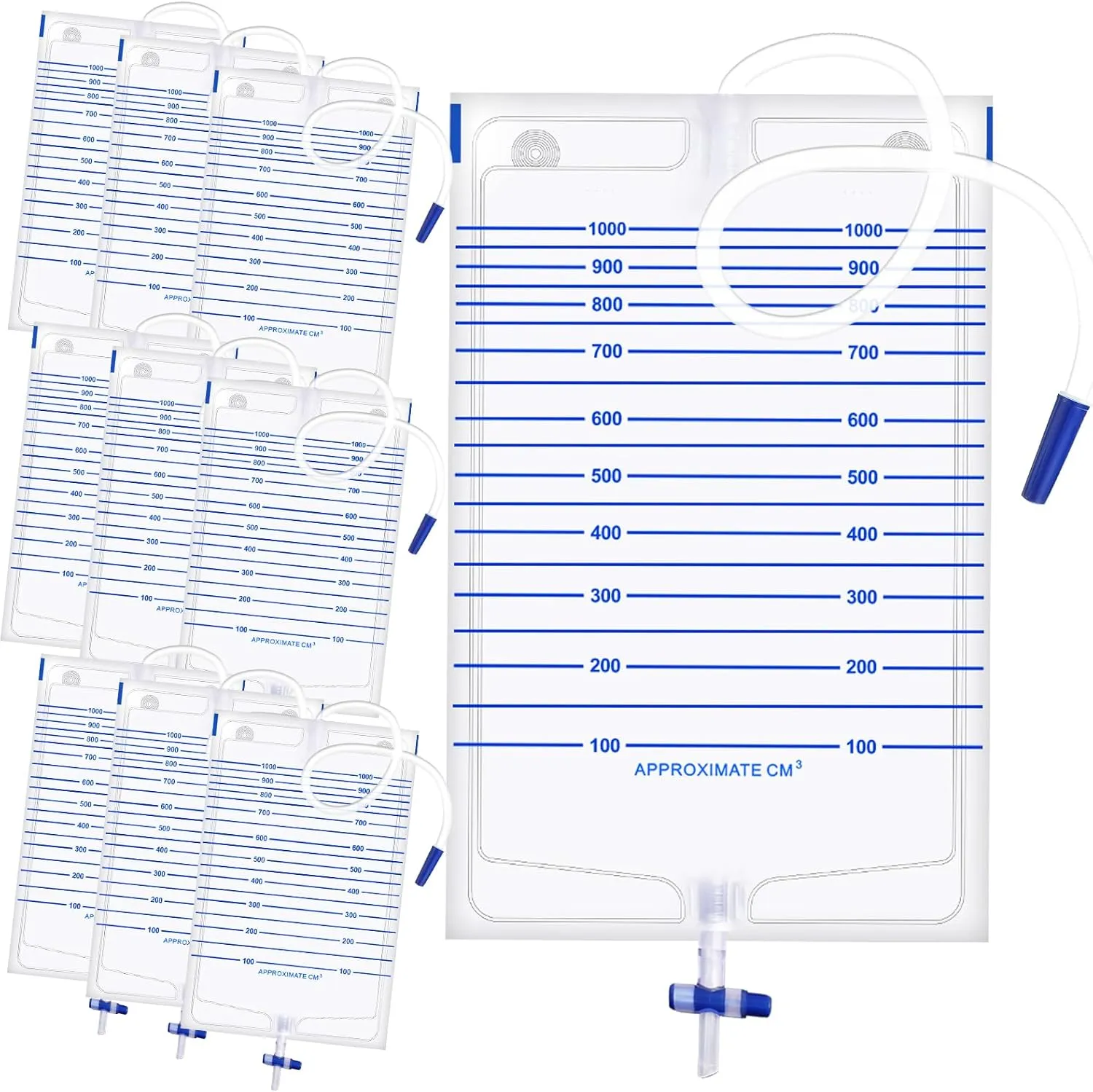 10 Pack 1000ml Urine Collection Bag with 48" Flexible Tube, Non-Backflow Design, Cross-Shaped Drainage Valve, Spill-Resistant Urine Collection Bag