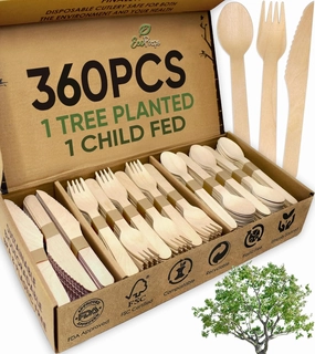 100% Compostable Wooden Cutlery Set (360 PCS - 150 Forks, 125 Spoons, 85 Knives) Eco-Friendly, Natural, Biodegradable Disposable Utensils Set | Birch Wood Disposable Forks, Knives, and Spoons