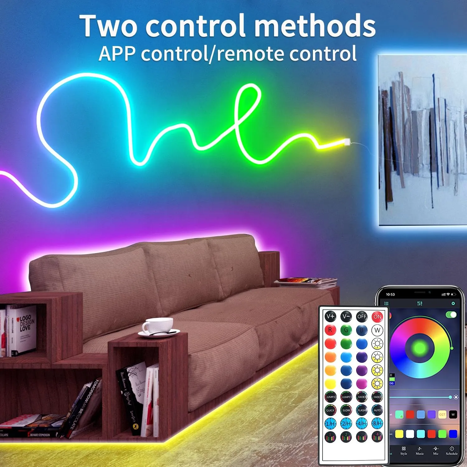100FT RGB LED neon Rope Lights LED neon Lights with Remote/APP Control 24V IP65 Waterproof Flexible Neon LED Strip Lights for Bedroom Room Outdoors Decor（2 Rolls of 50ft）
