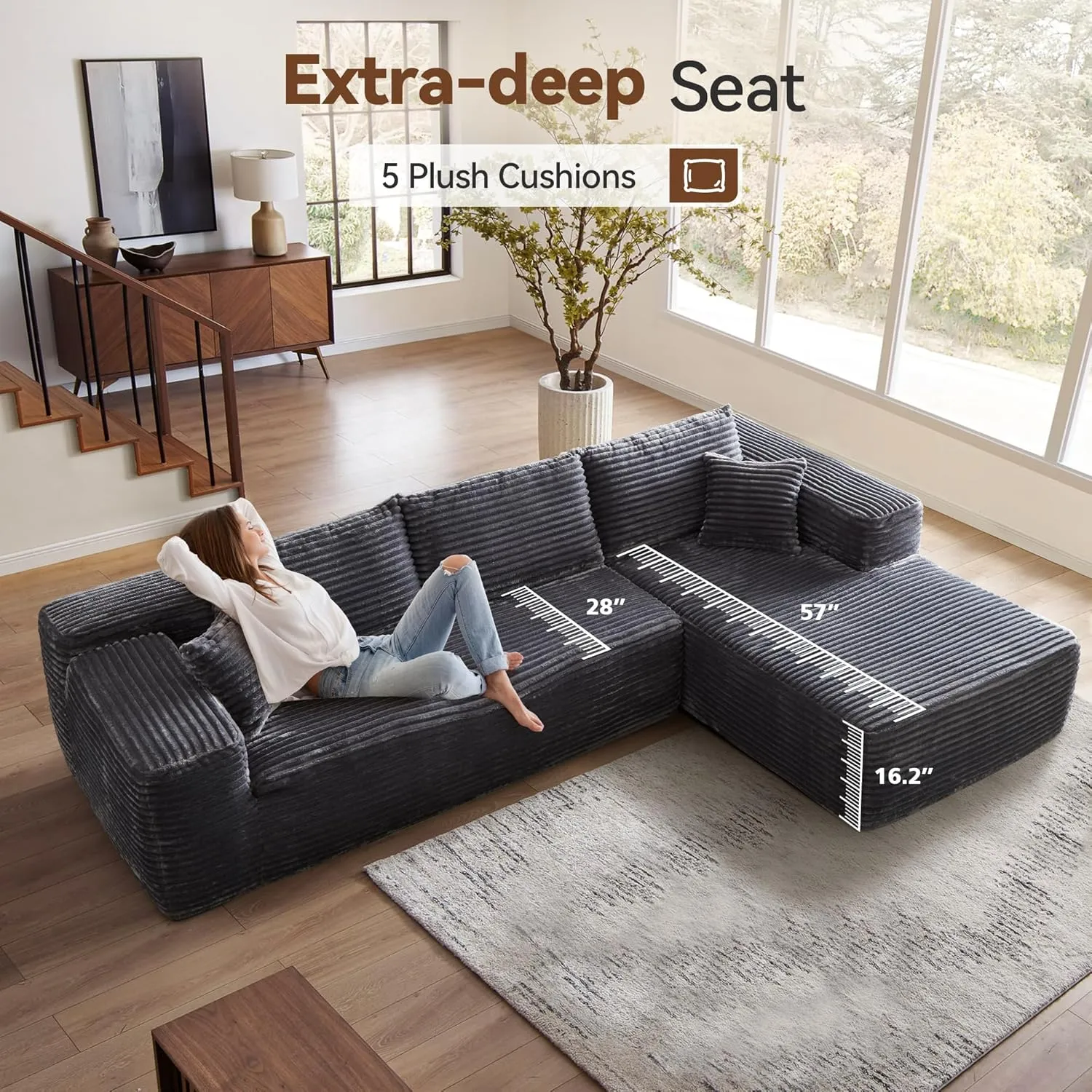104" Cloud Sectional Couch with Comfy Chaise, Boneless L Shape Sofa with Deep Seat, Minimalist Modular Couches Sleeper for Living Room Bedroom Apartment Lounge,Gray