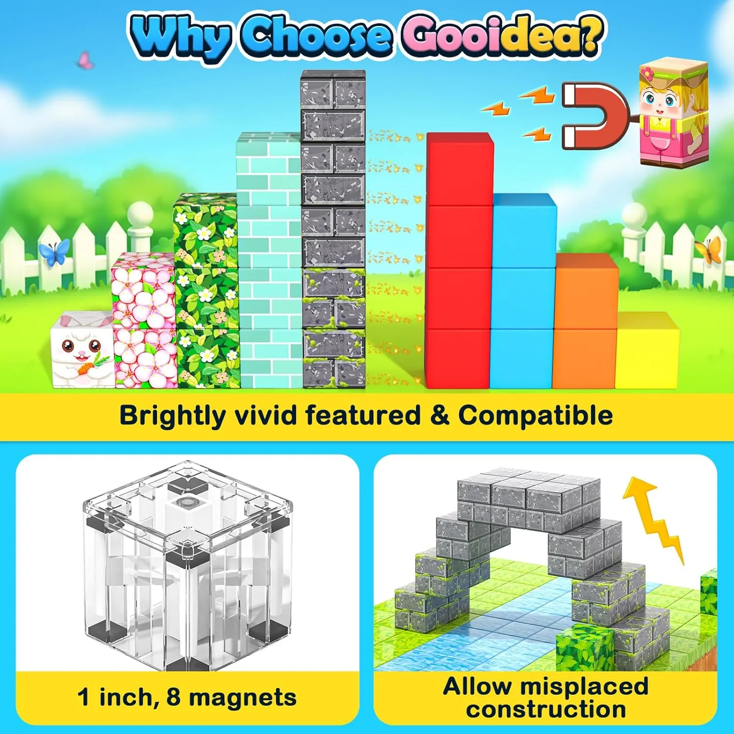 108PCS Magnetic Blocks Kids Magnet Toys, Large 1 inch Building Cubes with Puzzle Panel, Mine Magworld Easter Bunny Garden Building Crafts, Sensory Learning Toys Gift for 3  Year Old Boys Girls