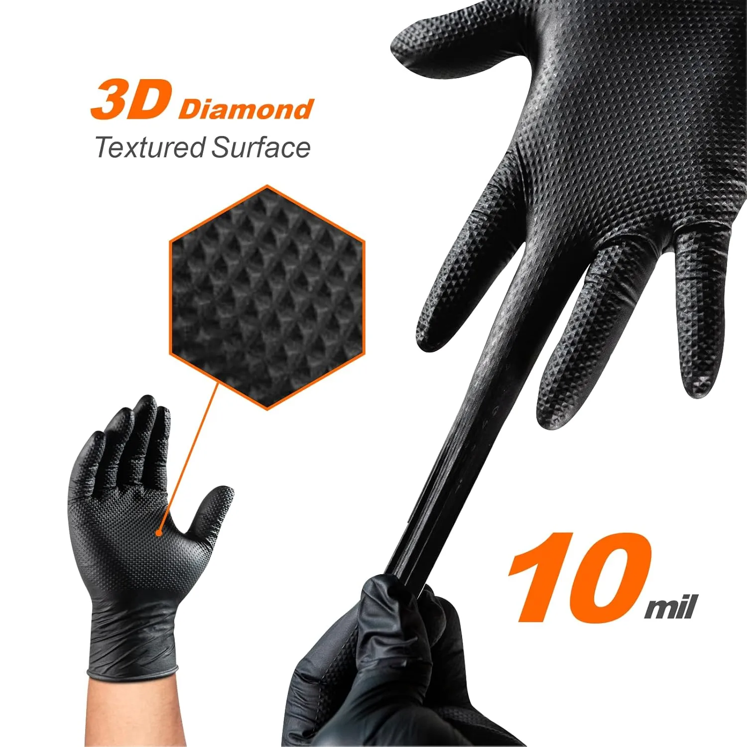 10Mil Nitrile Gloves Heavy Duty Chemical-Resistan Disposable Latex Free Thick Rubber Gloves with Diamond Grip for Mechanic Work,Cooking,Cleaning,Food Safe-Powder Free(Black,Large,100)