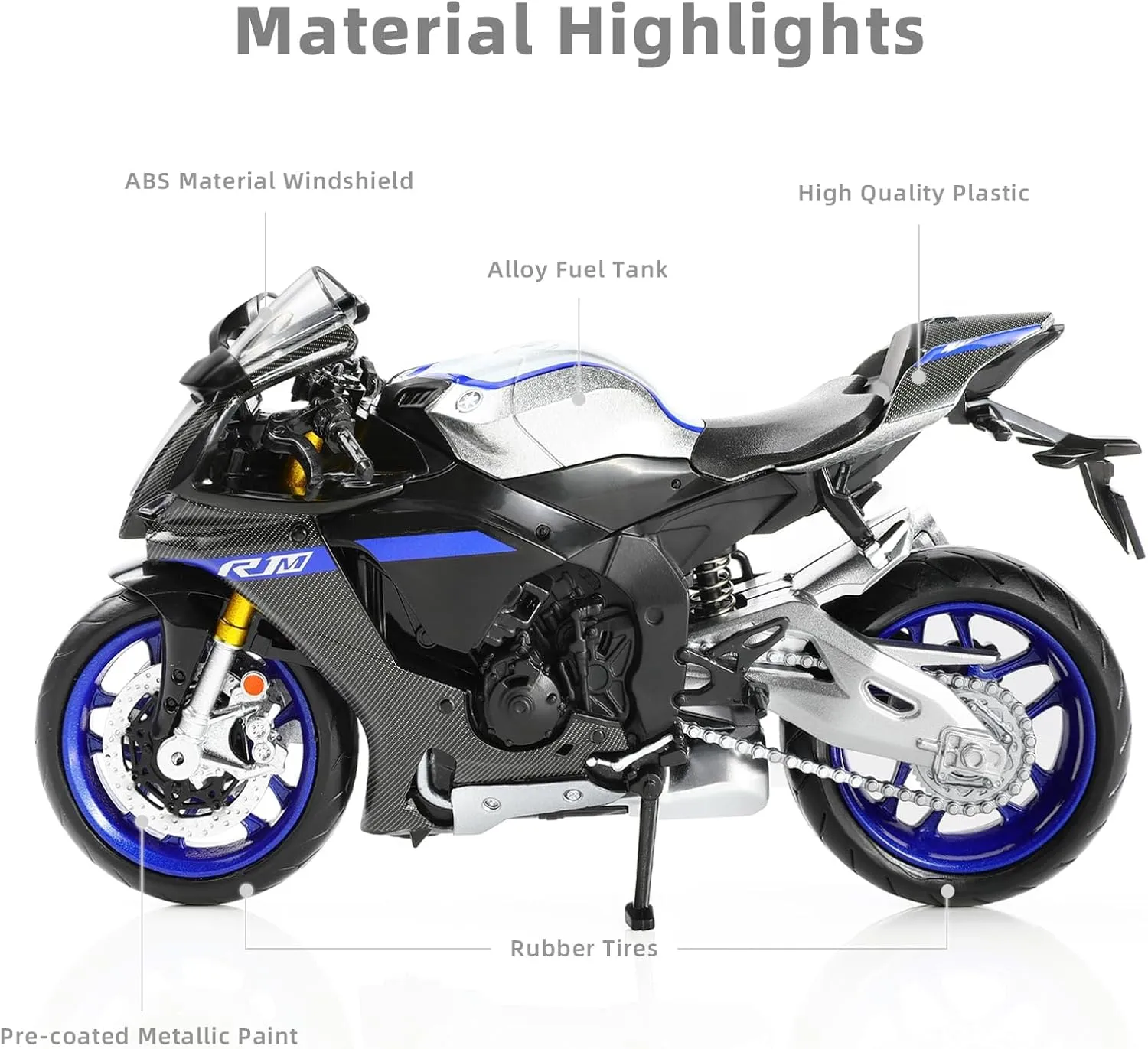 1:12 Motorcycle Model Toy for Yamaha YZF-R1M 1000R Metal Die-cast with Plastic Motorcycle Model No Assembly Required Mini Finished Moto Gift for Adult（Silver）