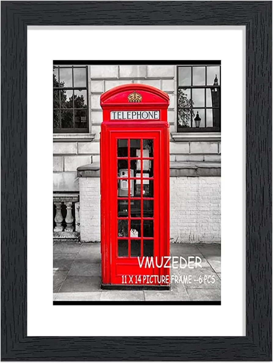 11x14 Picture Frame Rustic Black Wood Set of 6,Display Pictures 8x10 with Mat or 11x14 Without Mat,Multi Photo Frames Collage for Wall