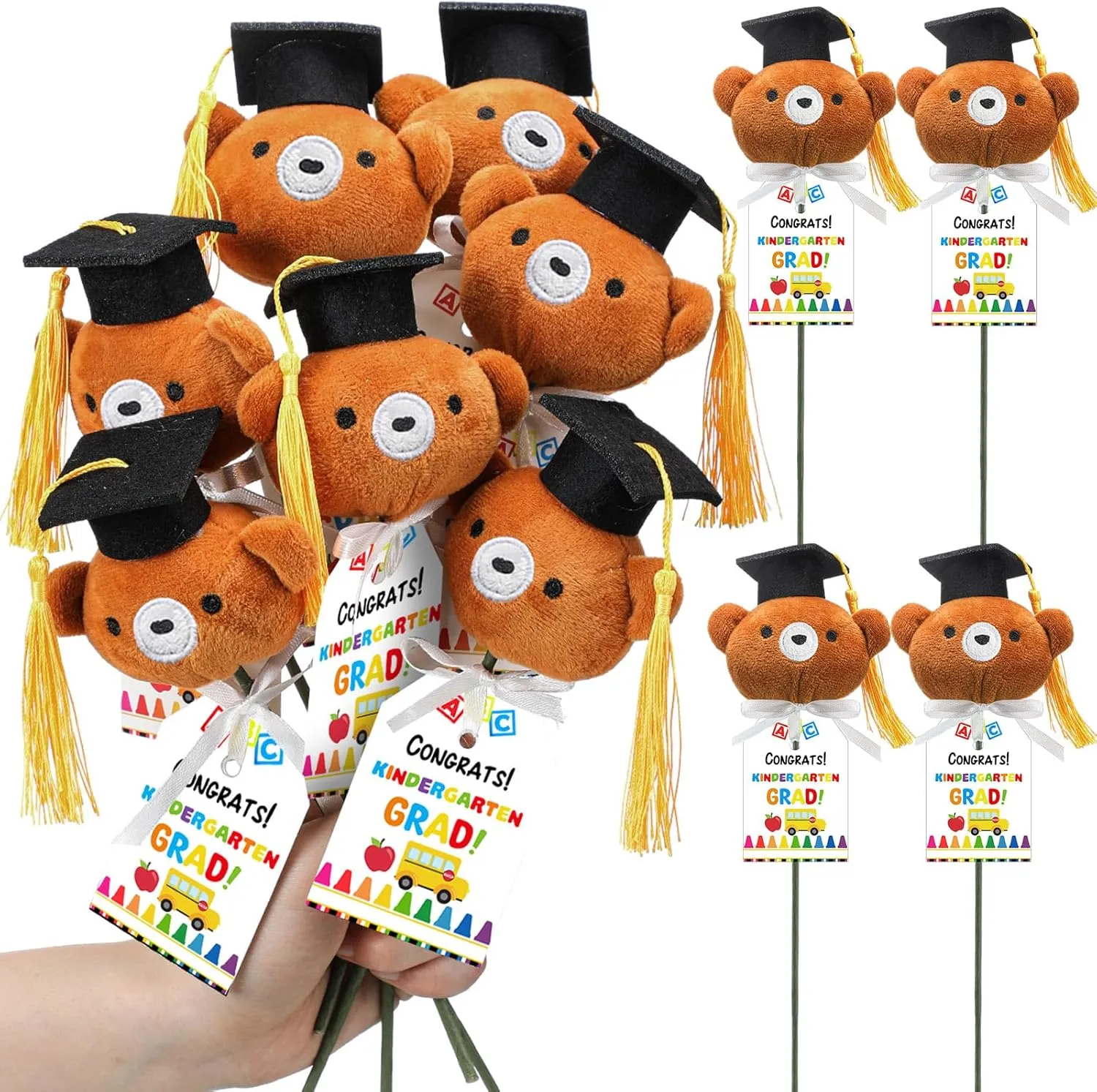 12 Sets Kindergarten Graduation Gifts Bear Bouquet with Card Mini Graduation Bears End of The School Gifts for Kids Students 2025 Grad Party Table Decor Keepsake Photo Props Vase Filler