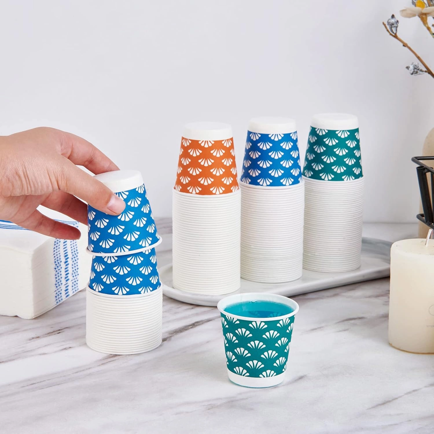 1200 Pack 3 oz Disposable Bathroom Paper Cups, Small Mouthwash Cups in Orange, Blue, and Green, Great for Candy, Biscuits, Bathroom Use, Parties, Picnics, and Travel
