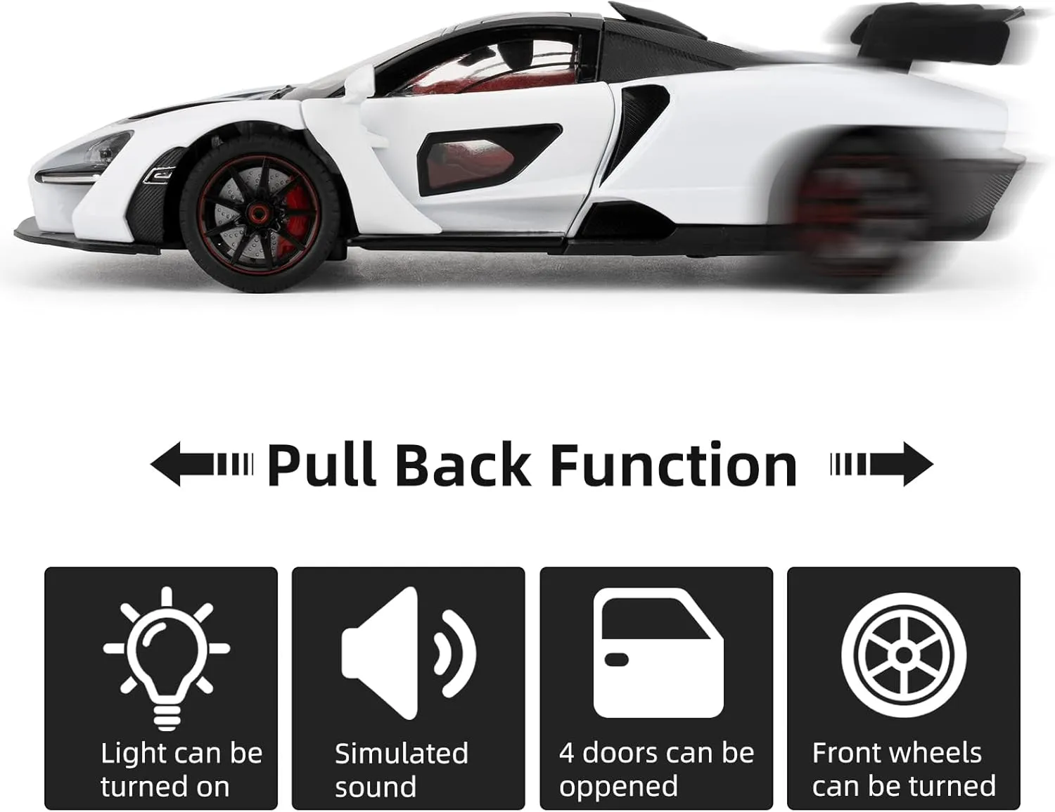 1:24 Scale Car Model Compatible for Collectible McLaren Senna Super Sports Car Toys, Zinc Alloy Pull Back Toy Vehicle with Sound and Light for Adult Boys Girls 3 4 5 6 7 8 (White)