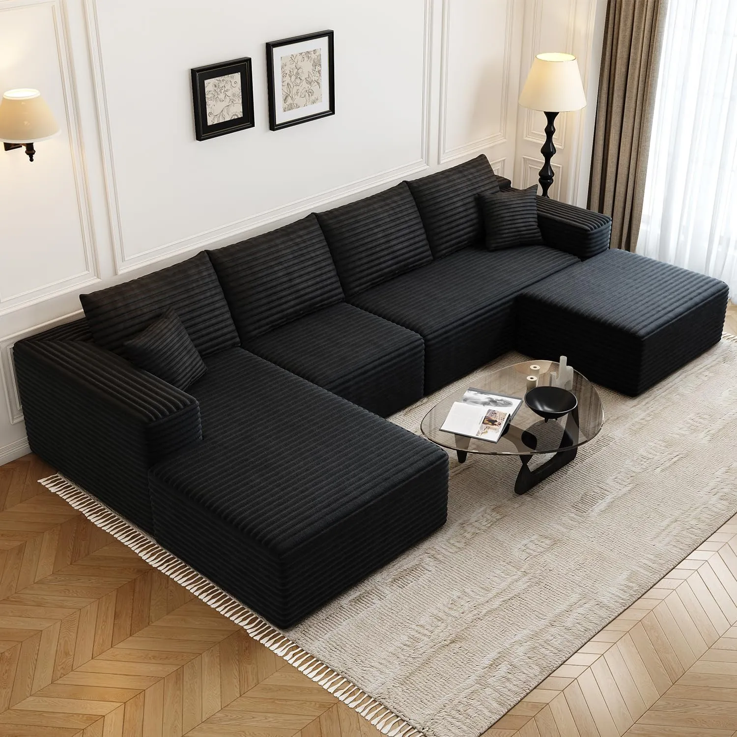 135.4" Cloud Modular Sectional Couch with 1 Ottoman,Modern Minimalist Upholstered Couches, Comfort U Shaped Sofa for Living Room,Deep Seat Corner Couch，No Assembly Required (Black,Left Facing Chaise)
