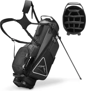 14-Way Golf Stand Bag, Full Length Premium PU Leather Golf Bag with Plush Top, Magnetic Pocket, Dual Strap and Rain Cover for Men