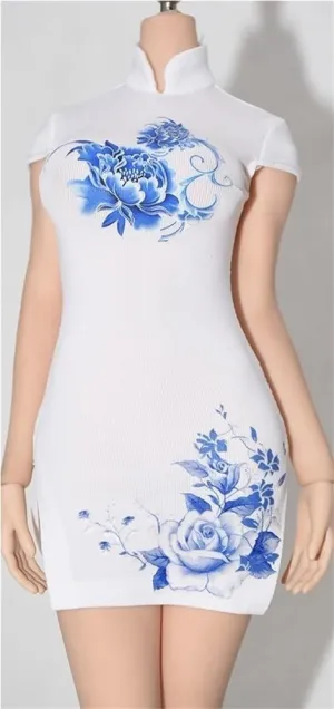 1/6 Scale Female Soldier Model Figure Doll Short Sleeve Cheongsam Chinese Floral Print Dress Clothes for 12 inch Action Figure Doll Clothes Doll