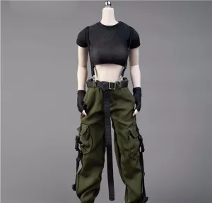 1/6 Scale Female Soldier Model Figure Doll Short Sleeved T-Shirt Work Pants Clothes for 12 inch Action Figure Doll Clothes Doll(Black)