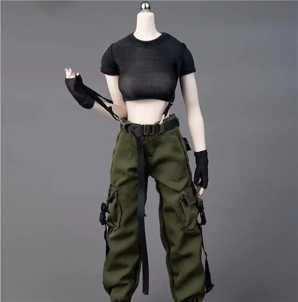 1/6 Scale Female Soldier Model Figure Doll Short Sleeved T-Shirt Work Pants Clothes for 12 inch Action Figure Doll Clothes Doll(Black)