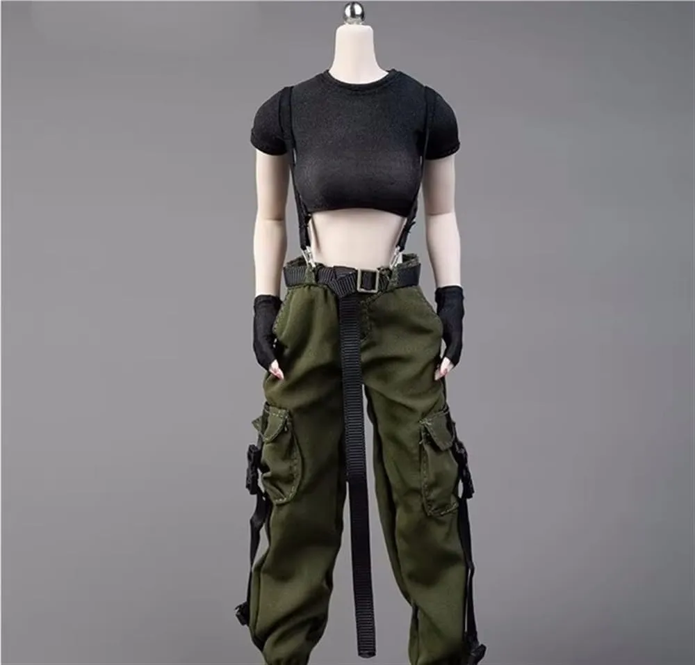 1/6 Scale Female Soldier Model Figure Doll Short Sleeved T-Shirt Work Pants Clothes for 12 inch Action Figure Doll Clothes Doll(Black)