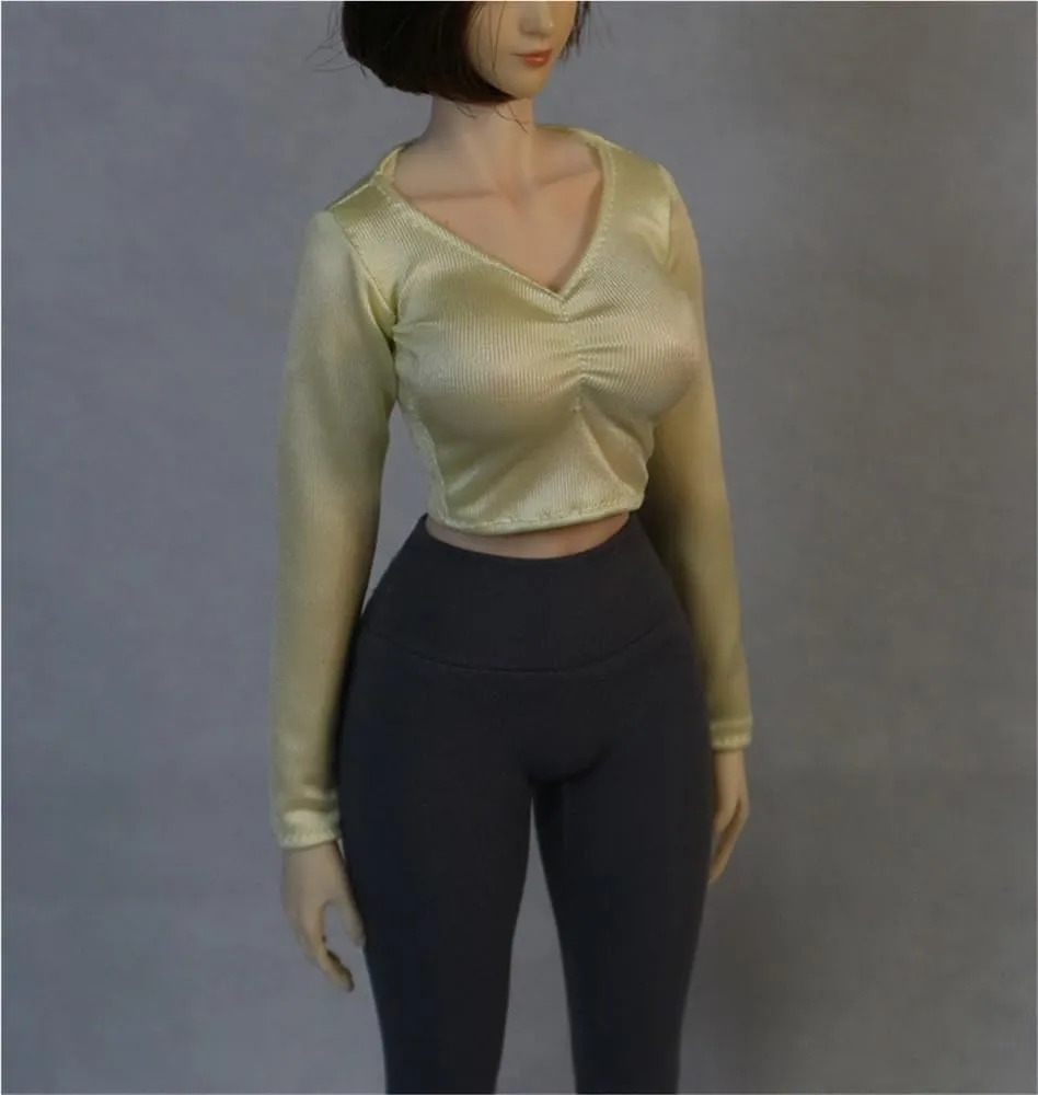 1/6 Scale Female,Figure Doll Clothes V Neck Long Sleeved Shirt Costume for 12" Female Soldier Action Figure Doll(Beige)