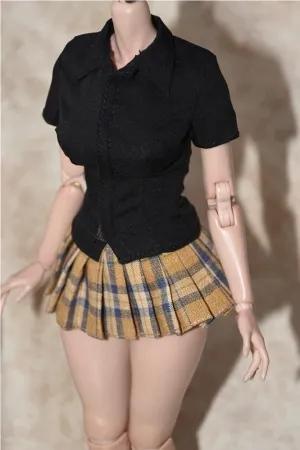 1/6 Scale Figure Doll Clothes, Short Sleeved Shirt Plaid Pleated Skirt, Clothing Costume for 12 inch Female Action Figure Accessories Doll(Black)