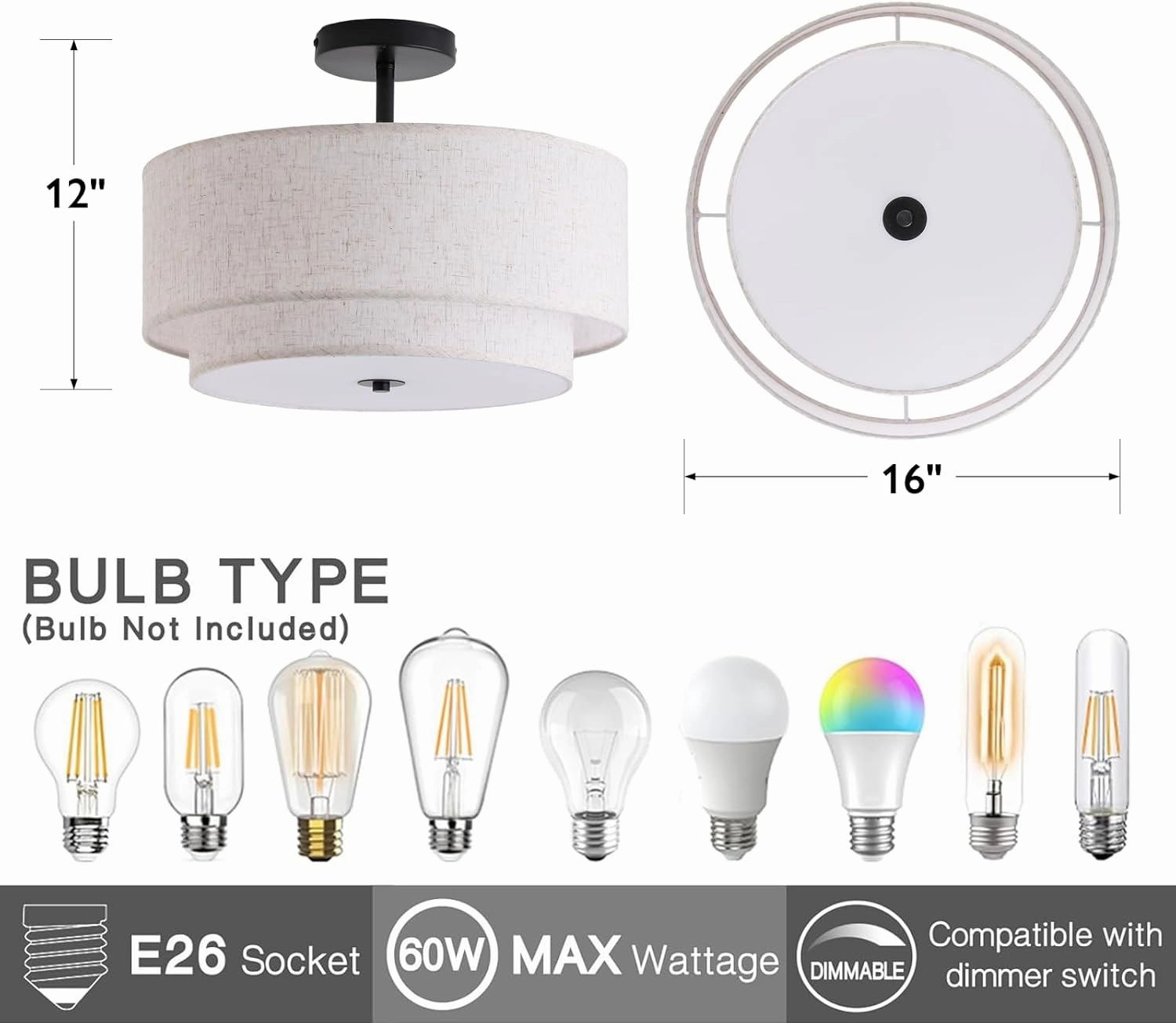 16" Double Drum 3-Light Semi Flush Mount Ceiling Light, Classic Fabric Linen Shade Design for Living Room, Bedroom, Kitchen, Dining Room, Hallway and Entryway