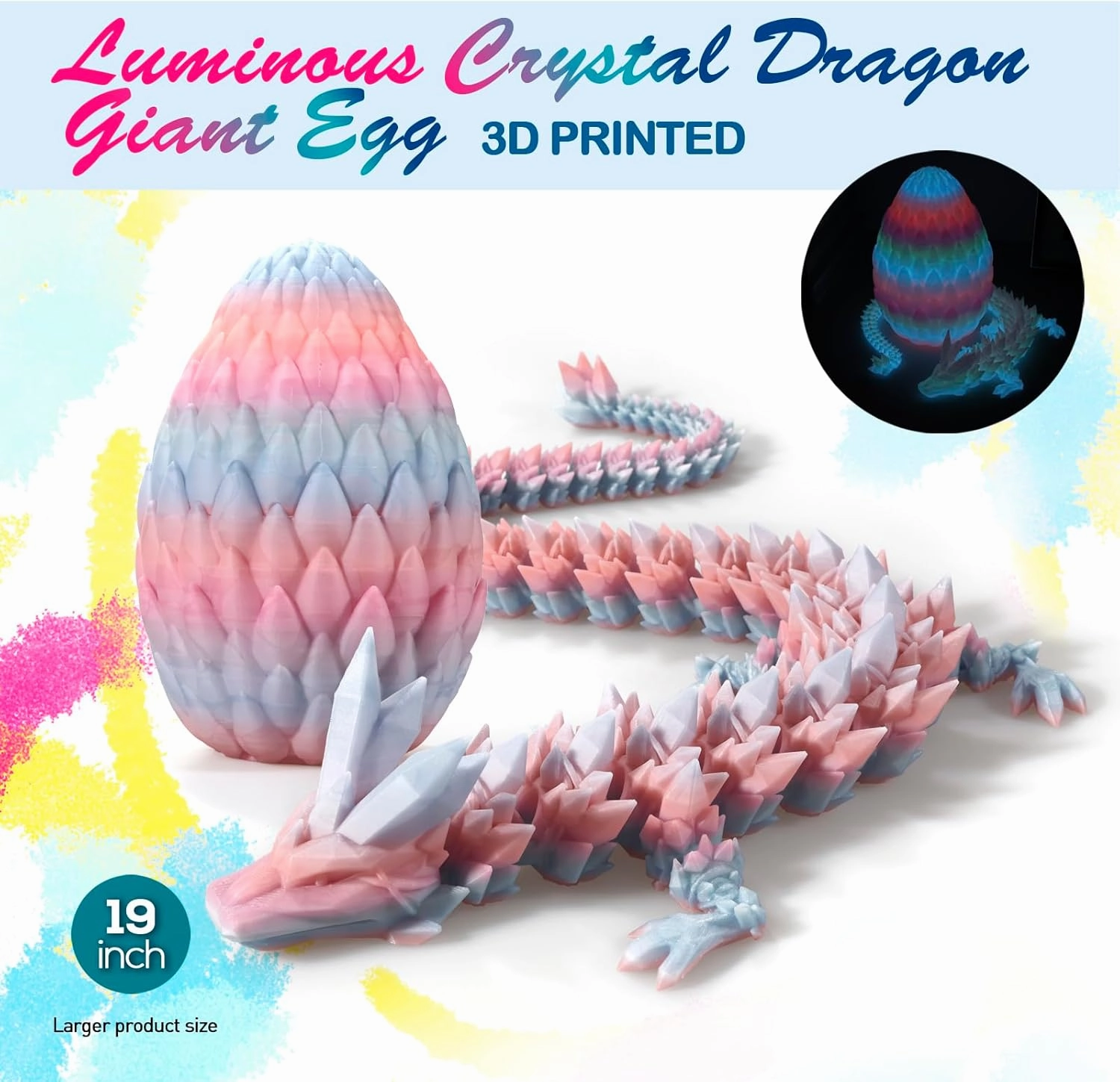 19'' Big 3D Printed Dragon,Dragon Eggs with Dragon Inside,Surprise Dragon Egg Toy,Full Articulated Crystal 3D Dragon(Giant Dragon Egg)