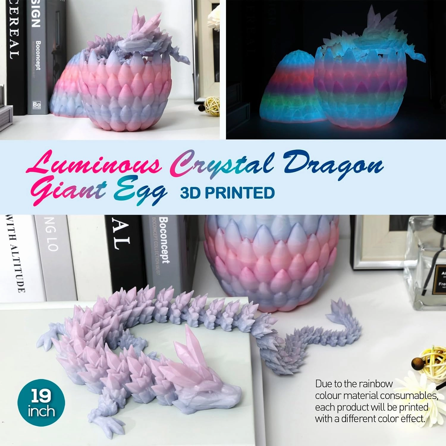 19'' Big 3D Printed Dragon,Dragon Eggs with Dragon Inside,Surprise Dragon Egg Toy,Full Articulated Crystal 3D Dragon(Giant Dragon Egg)