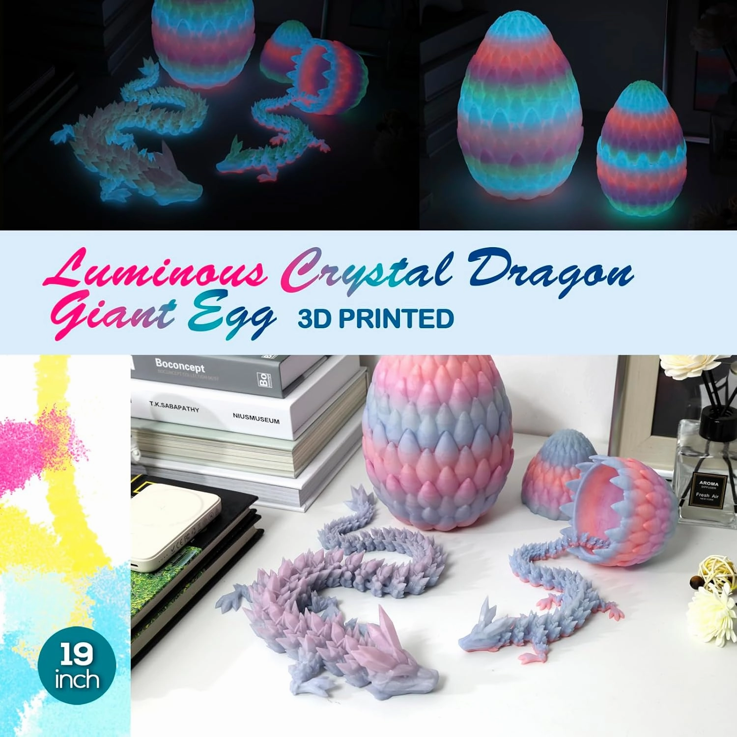 19'' Big 3D Printed Dragon,Dragon Eggs with Dragon Inside,Surprise Dragon Egg Toy,Full Articulated Crystal 3D Dragon(Giant Dragon Egg)