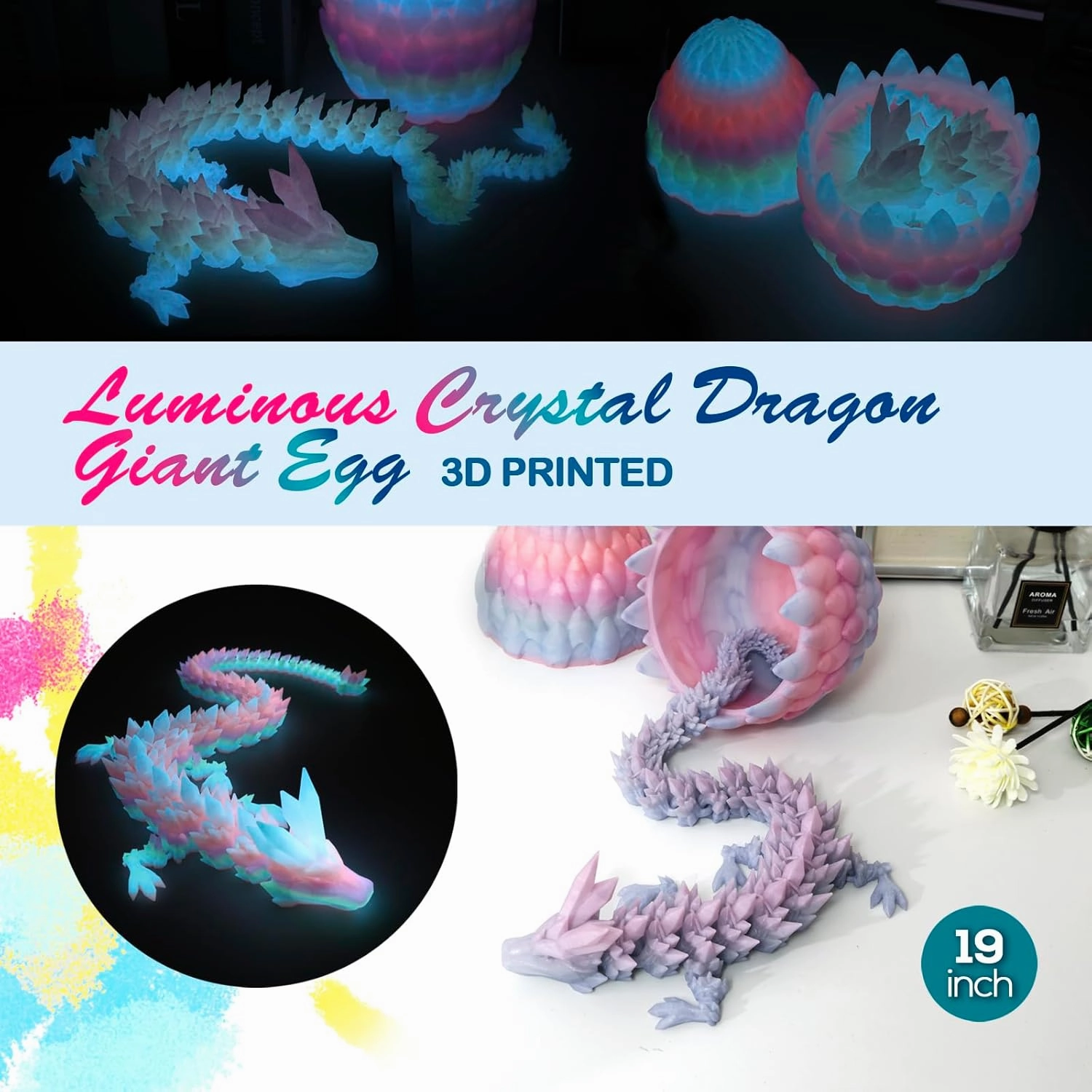19'' Big 3D Printed Dragon,Dragon Eggs with Dragon Inside,Surprise Dragon Egg Toy,Full Articulated Crystal 3D Dragon(Giant Dragon Egg)