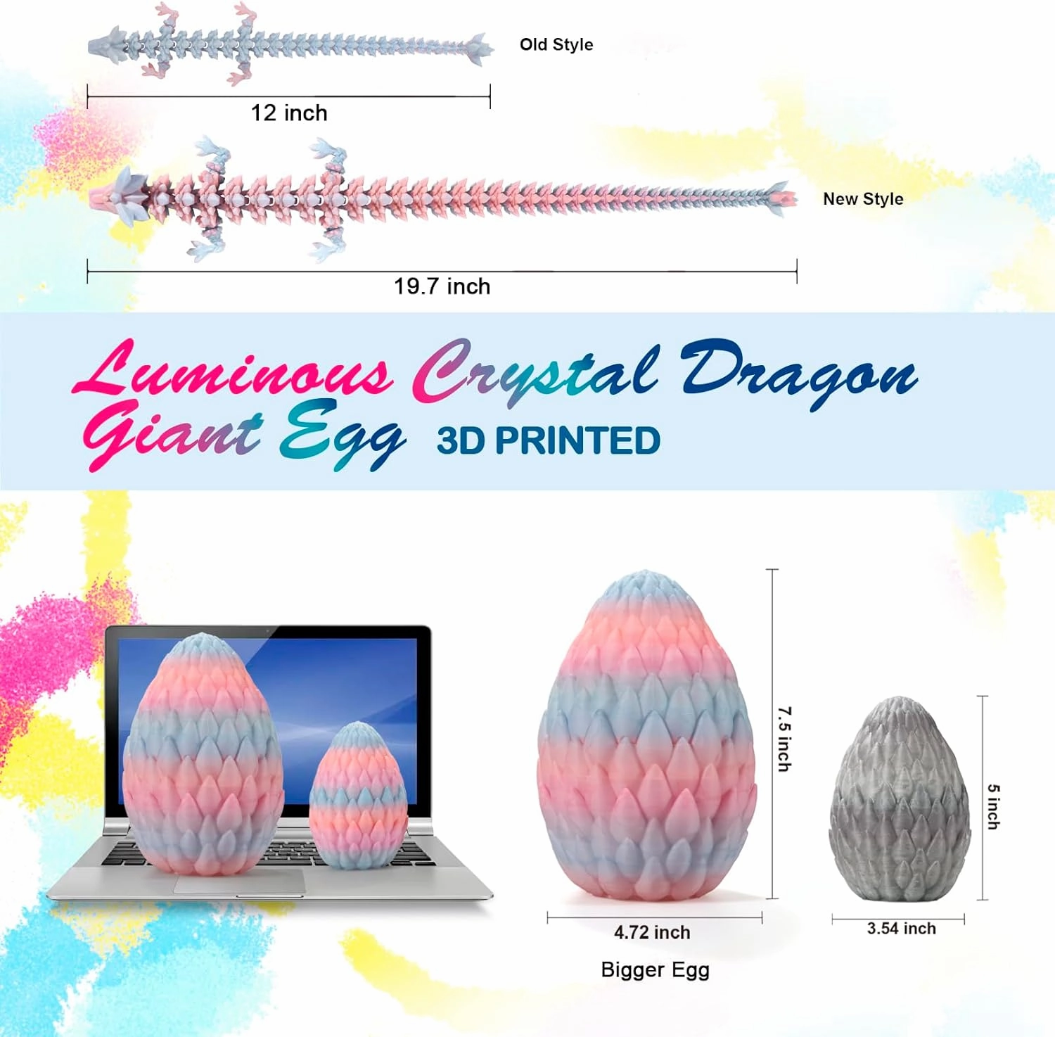 19'' Big 3D Printed Dragon,Dragon Eggs with Dragon Inside,Surprise Dragon Egg Toy,Full Articulated Crystal 3D Dragon(Giant Dragon Egg)