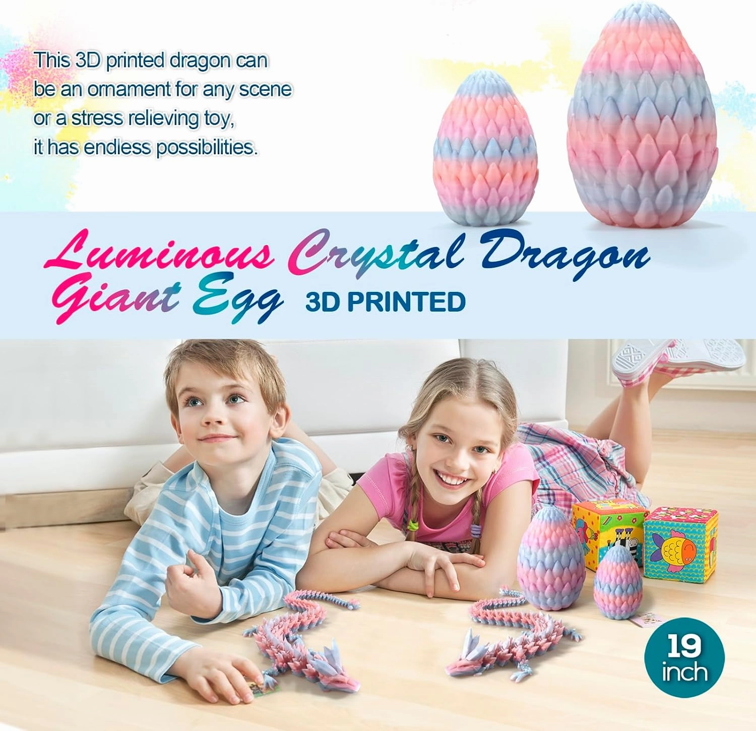 19'' Big 3D Printed Dragon,Dragon Eggs with Dragon Inside,Surprise Dragon Egg Toy,Full Articulated Crystal 3D Dragon(Giant Dragon Egg)