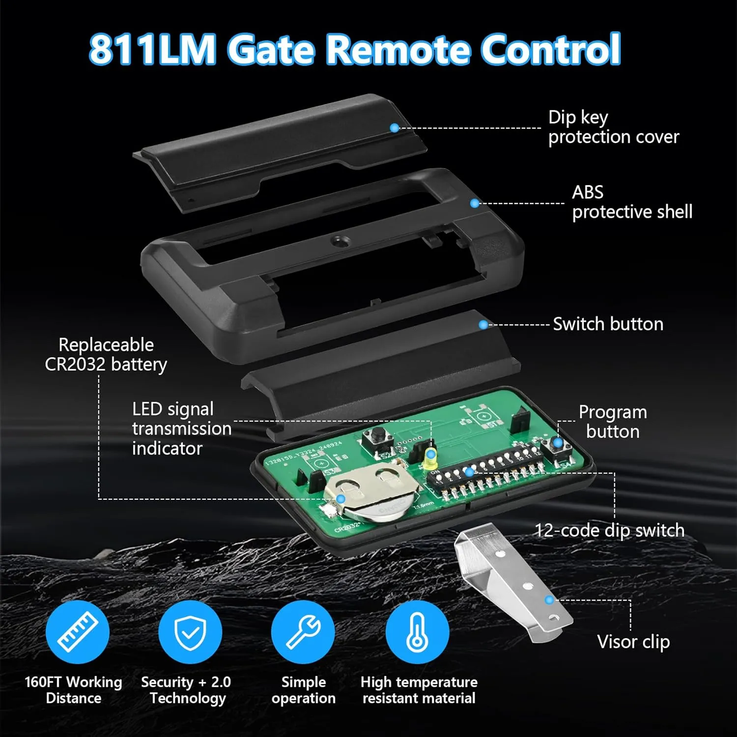 2 for Liftmaster 811LM Gate Opener Remote, Replacement for Liftmaster 811LMX Gate Remote, Compatible with Liftmaster Gate Opener and 850LM 860LM STAR1000 Receiver, Security  2.0, 12 Dip Switch