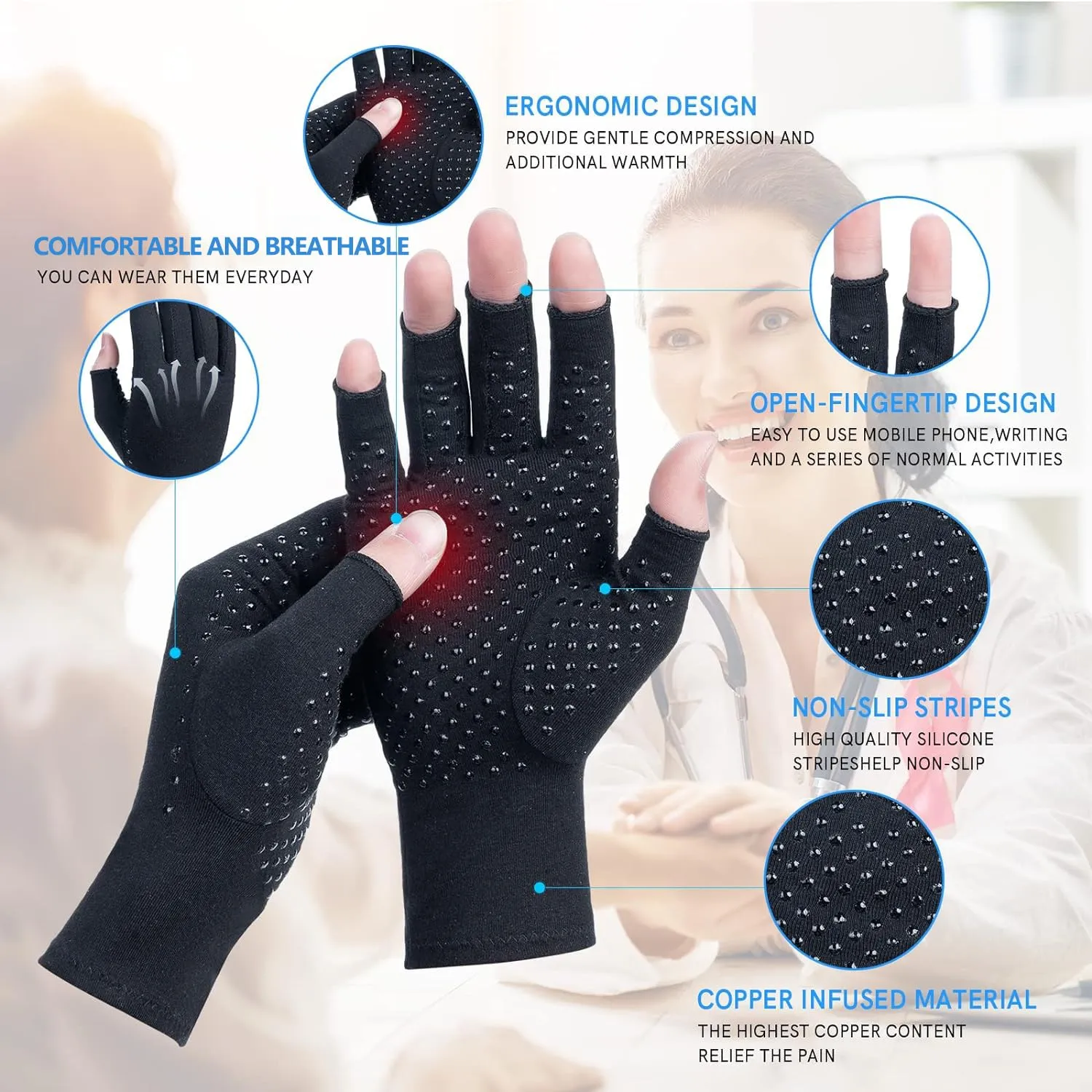 2 Pairs Arthritis Compression Gloves, for Arthritis, Rheumatoid, Osteoarthritis, Carpal Tunnel Pain, Compression Gloves for Arthritis for Women & Men, Anti-Slip Glue dot Gloves for Work (Black,M)