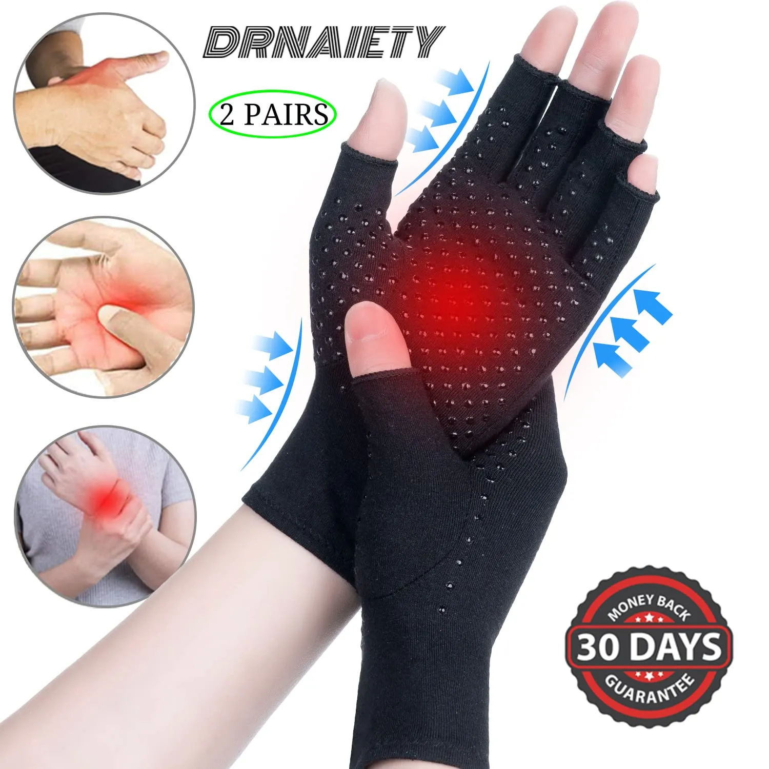 2 Pairs Arthritis Compression Gloves, for Arthritis, Rheumatoid, Osteoarthritis, Carpal Tunnel Pain, Compression Gloves for Arthritis for Women & Men, Anti-Slip Glue dot Gloves for Work (Black,M)