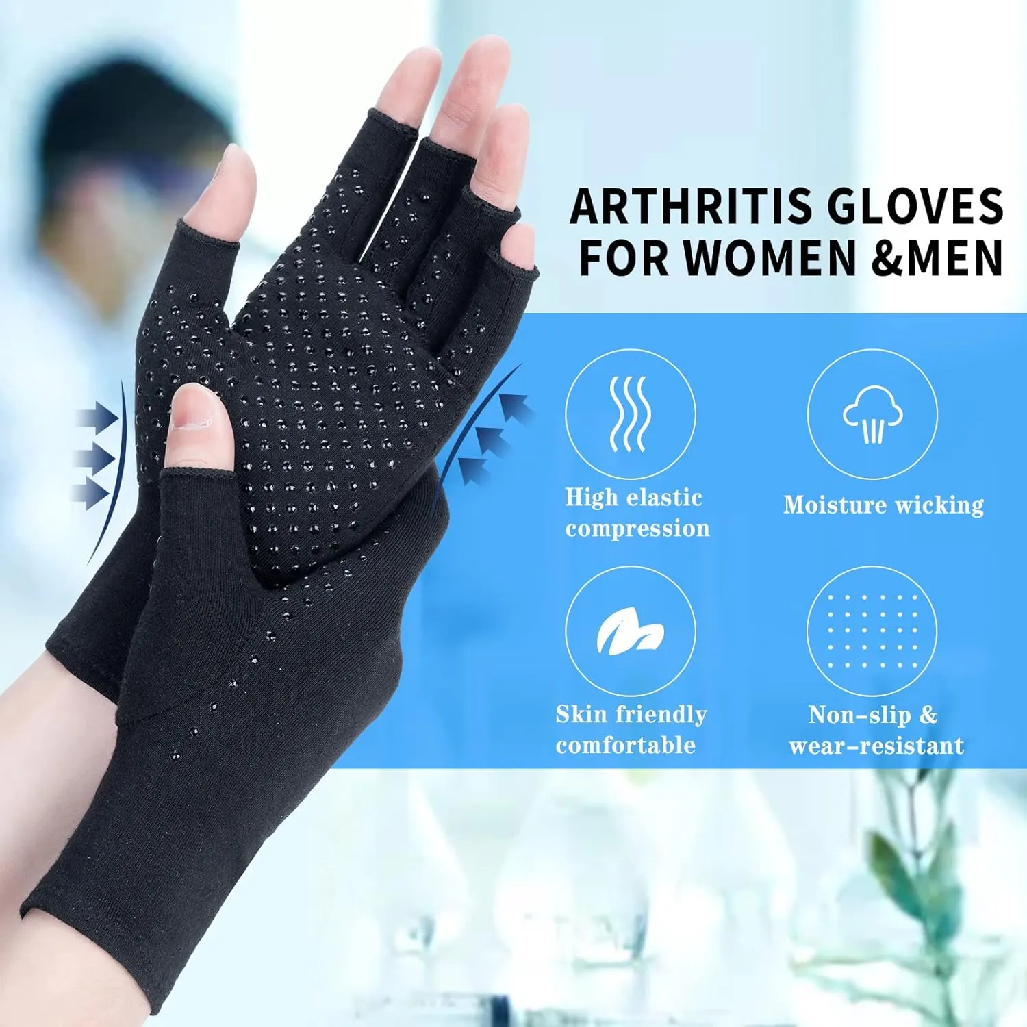 2 Pairs Arthritis Compression Gloves, for Arthritis, Rheumatoid, Osteoarthritis, Carpal Tunnel Pain, Compression Gloves for Arthritis for Women & Men, Anti-Slip Glue dot Gloves for Work (Black,M)