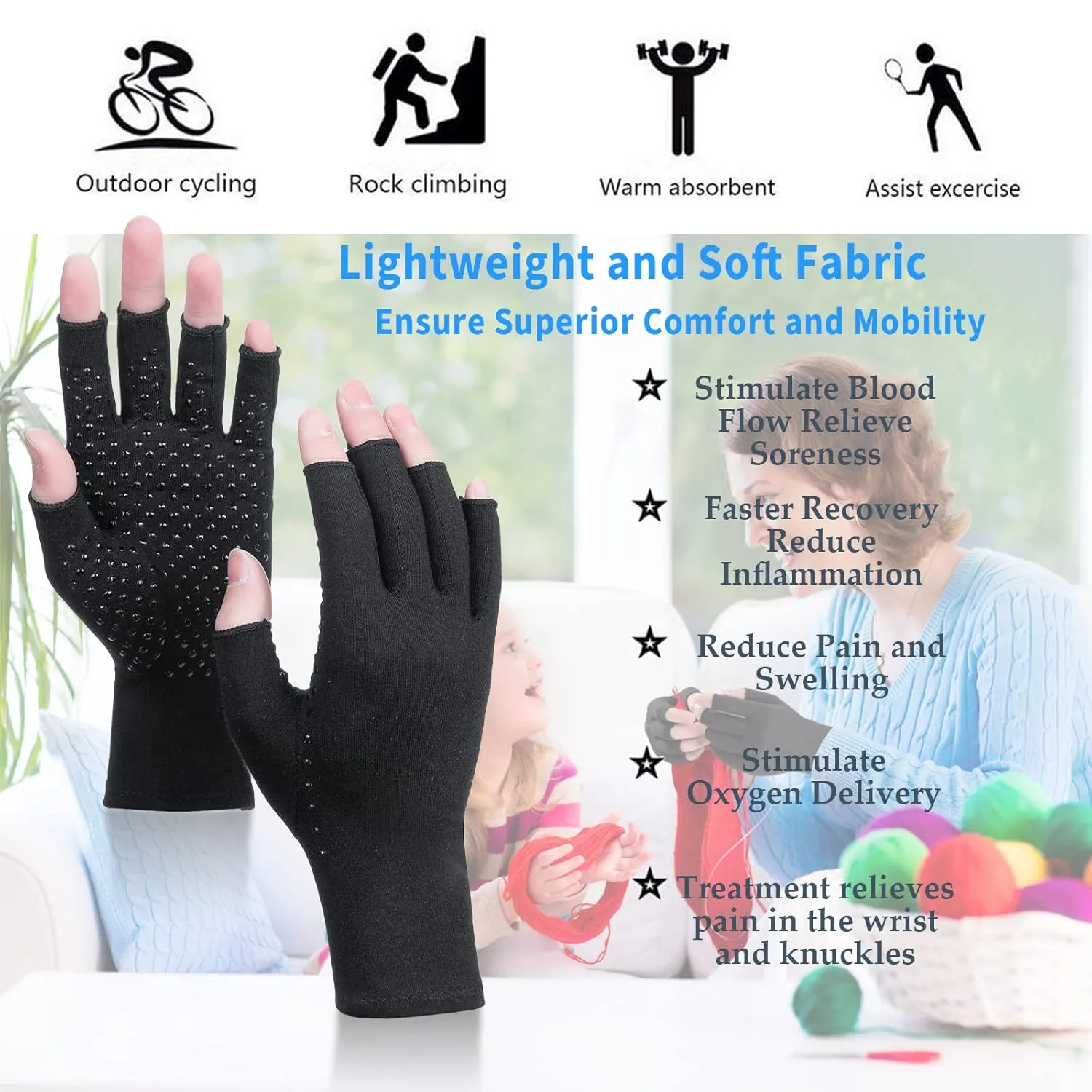 2 Pairs Arthritis Compression Gloves, for Arthritis, Rheumatoid, Osteoarthritis, Carpal Tunnel Pain, Compression Gloves for Arthritis for Women & Men, Anti-Slip Glue dot Gloves for Work (Black,M)