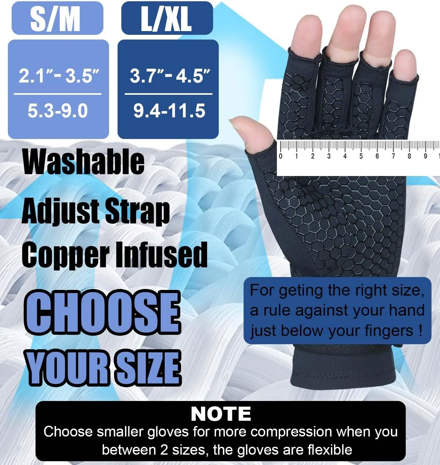 2 Pairs Copper Arthritis Gloves for Women Men, Compression Gloves with Adjust Strap for Arthritis, Wrist Support, Hand Pain, Fingerless Computer Typing Gloves for Carpal Tunnel, RSI (Large/X-Large)