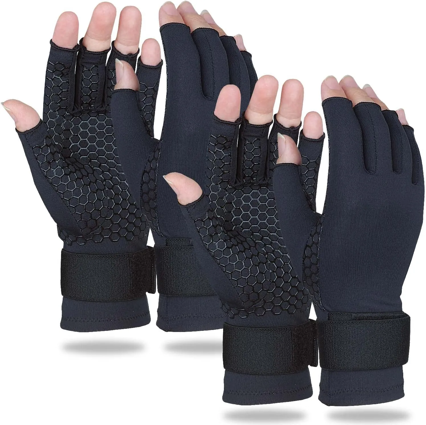 2 Pairs Copper Arthritis Gloves for Women Men, Compression Gloves with Adjust Strap for Arthritis, Wrist Support, Hand Pain, Fingerless Computer Typing Gloves for Carpal Tunnel, RSI (Large/X-Large)