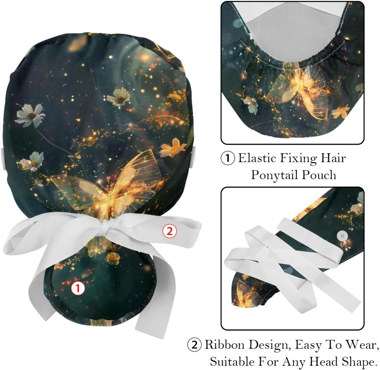 2 Pcs Colorful Butterfly and Flower Adjustable Working Caps with Buttons, Scrub Cap Women, Stretchy Tie Back Hats