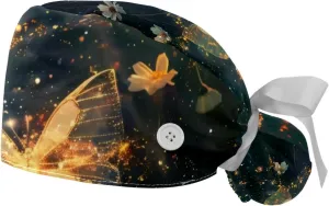 2 Pcs Colorful Butterfly and Flower Adjustable Working Caps with Buttons, Scrub Cap Women, Stretchy Tie Back Hats