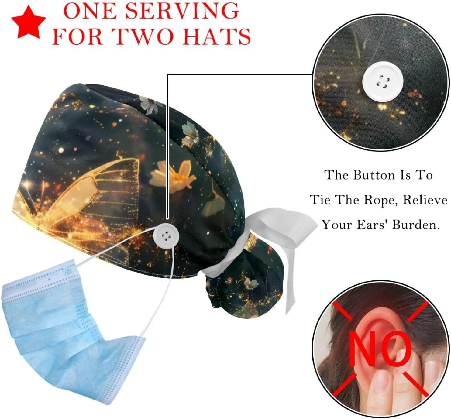 2 Pcs Colorful Butterfly and Flower Adjustable Working Caps with Buttons, Scrub Cap Women, Stretchy Tie Back Hats