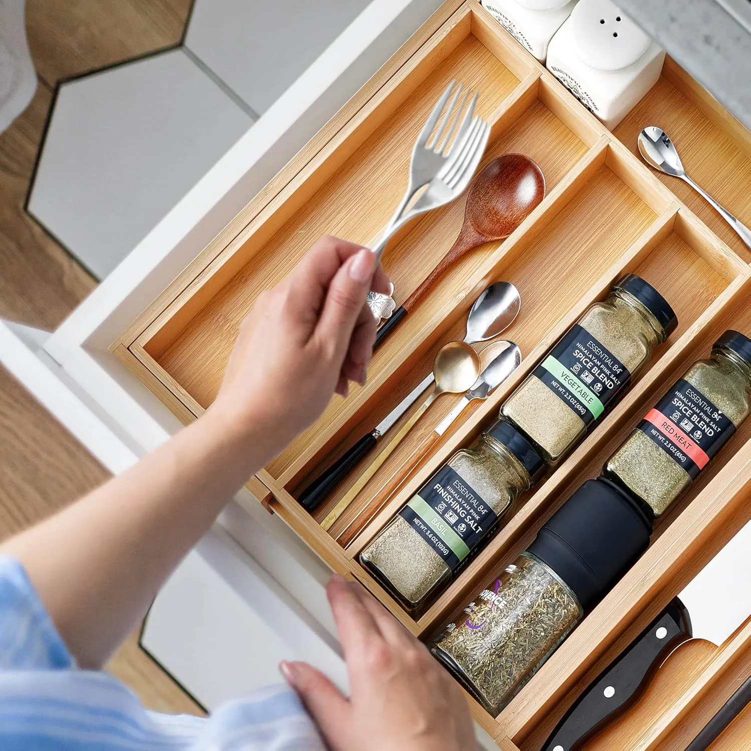 2-Piece Bamboo Silverware Organizer, Expandable Kitchen Drawer Organizer for Cutlery and Utensils, Multifunction Adjustable Bamboo Wood Cutlery Tray in Drawer for Flatware, (Natural)
