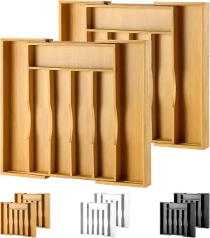 2-Piece Bamboo Silverware Organizer, Expandable Kitchen Drawer Organizer for Cutlery and Utensils, Multifunction Adjustable Bamboo Wood Cutlery Tray in Drawer for Flatware, (Natural)