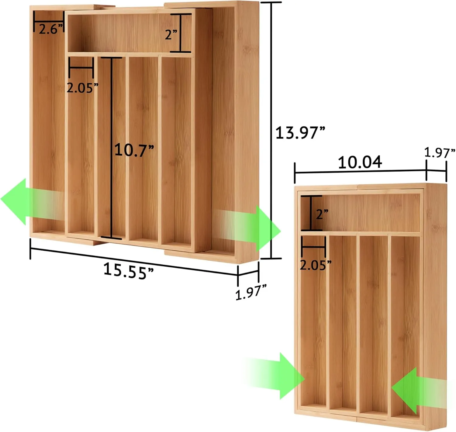2-Piece Bamboo Silverware Organizer, Expandable Kitchen Drawer Organizer for Cutlery and Utensils, Multifunction Adjustable Bamboo Wood Cutlery Tray in Drawer for Flatware, (Natural)