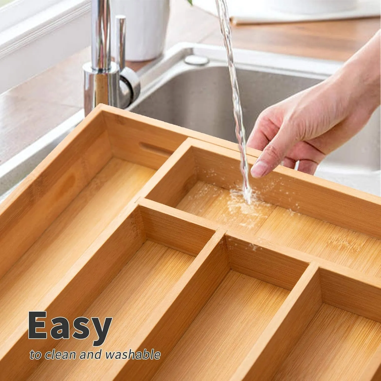 2-Piece Bamboo Silverware Organizer, Expandable Kitchen Drawer Organizer for Cutlery and Utensils, Multifunction Adjustable Bamboo Wood Cutlery Tray in Drawer for Flatware, (Natural)