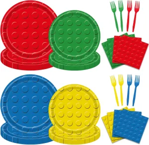 200pcs Building Block Party Supplies for Building Bricks，Building Blocks Themed Birthday Party Decorations Including 7" and 9" Plates Napkins and Forks for Boys Girls Serves 50