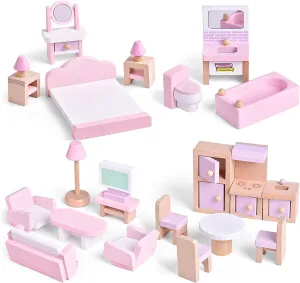 22 Pieces Wooden Doll House Furniture Toy Set – Bathroom Kitchen Bedroom Living Room 4 Set