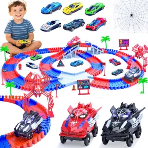 225 PCS Spider Race Tracks Toy for 3 4 5 6 7 8 Year Old Boys Girls,with 2 Spider Cars and 6 Alloy Racing Car Toys,DIY Flexible Track Play Set for Kids Toddler Birthday Gifts