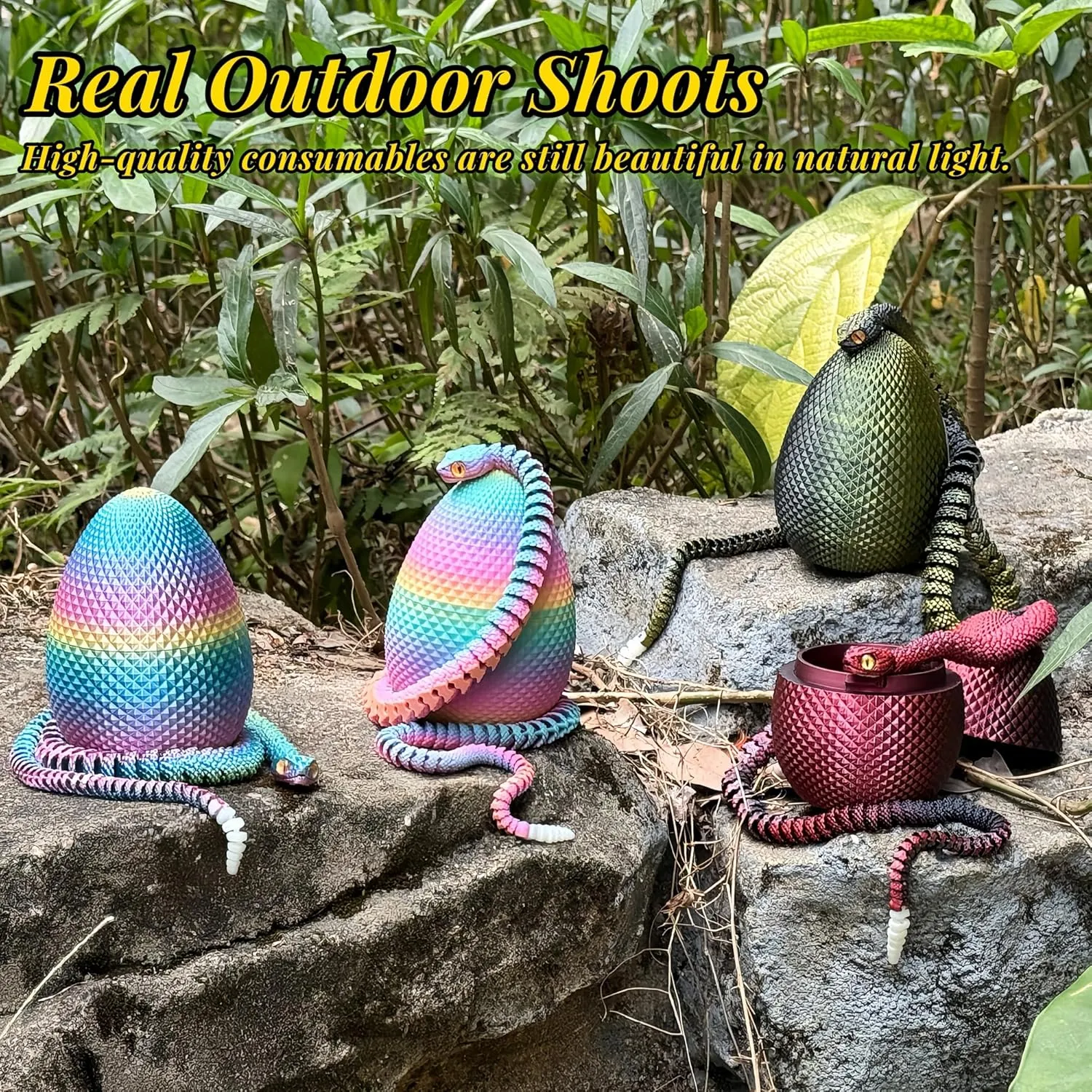 23" 3D Printed Snake with Egg - Flexible Snake with Luminous Tail, 3D Fake Snake Fidget Toys for Autism/ADHD, 3D Printed Animals Snake Toy for Kids & Adults (BlackGolden)