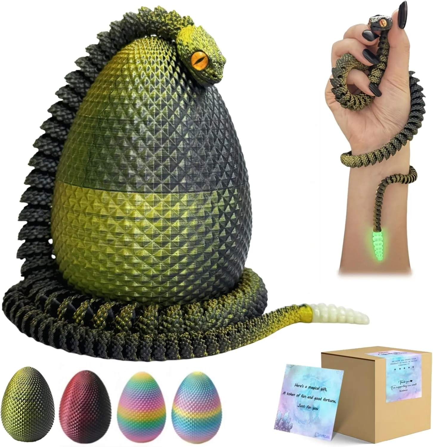 23" 3D Printed Snake with Egg - Flexible Snake with Luminous Tail, 3D Fake Snake Fidget Toys for Autism/ADHD, 3D Printed Animals Snake Toy for Kids & Adults (BlackGolden)